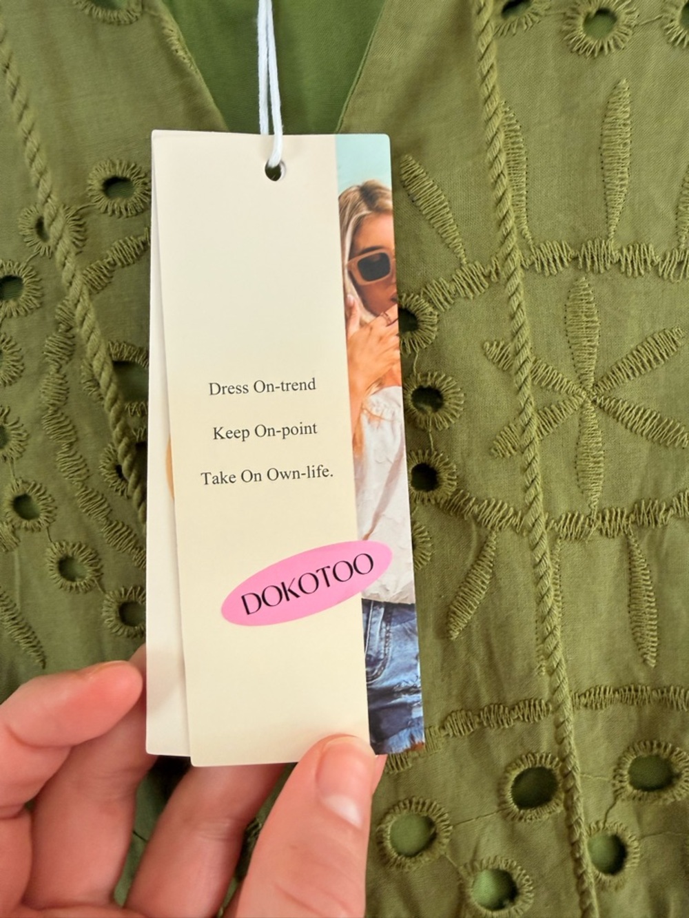 Boho Olive Eyelet Tassel Mini Dress - Picture 5 of 8